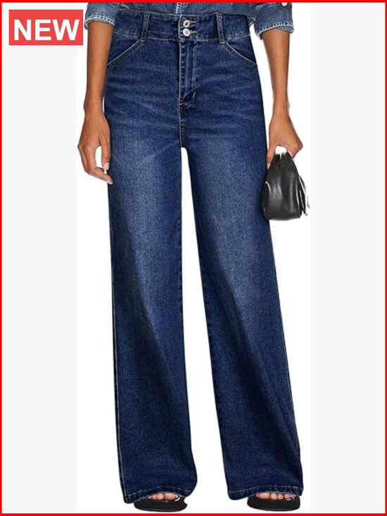Denim - High Waisted Wide Leg Jeans Tummy Control Straight Leg Stretchy Denim Pants